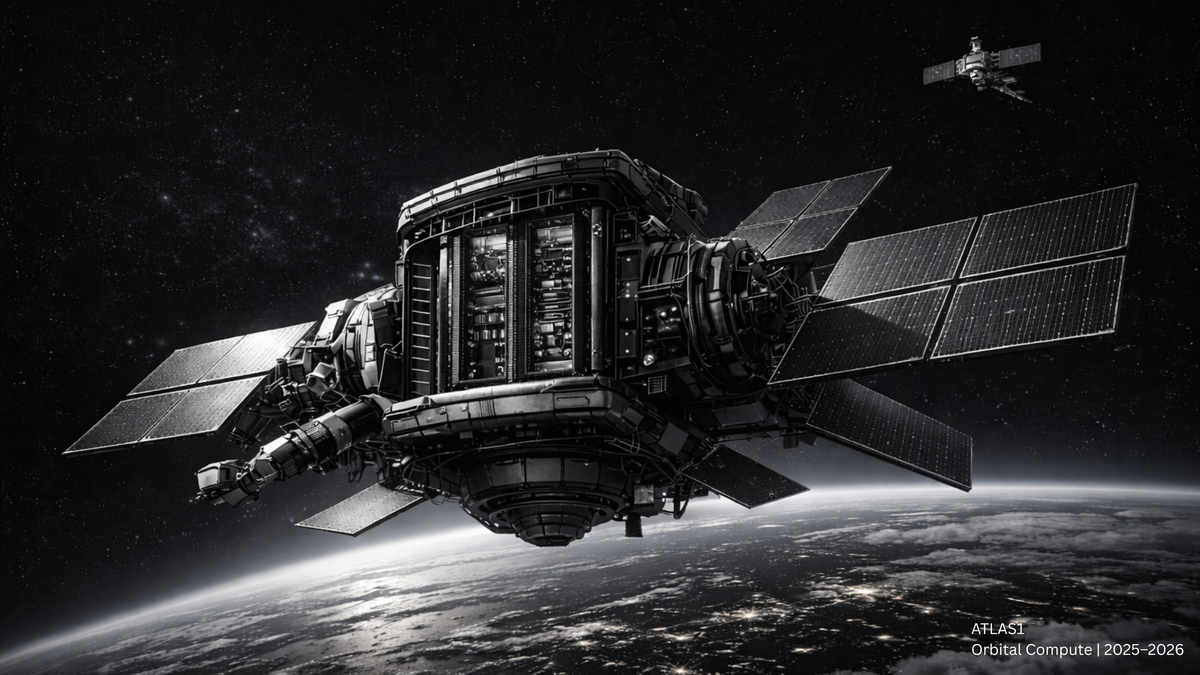 High-resolution black-and-white image of an orbital computing platform in low Earth orbit, featuring solar arrays, radiative cooling panels, and Earth’s curvature below.