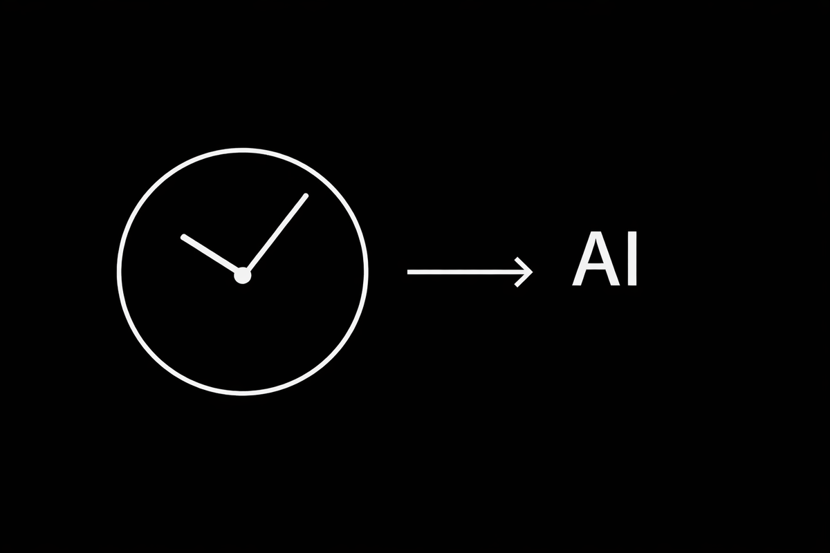 Minimalist graphic showing a white clock pointing toward the word ‘AI’ on a black background, representing time as a constraint on artificial intelligence.