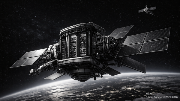 High-resolution black-and-white image of an orbital computing platform in low Earth orbit, featuring solar arrays, radiative cooling panels, and Earth’s curvature below.